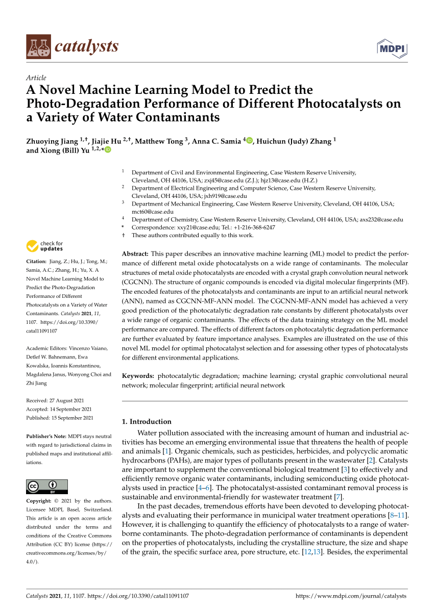 A Novel Machine Learning Model To Predict The Photo Degradation Performance Of Different Photocatalysts On A Variety Of Water Contaminants