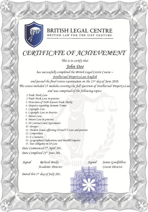 British Legal Centre Certificate Sample