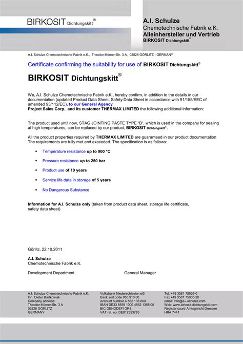 Certificate For The Replacement Of Stag B By Birkosit Pdf