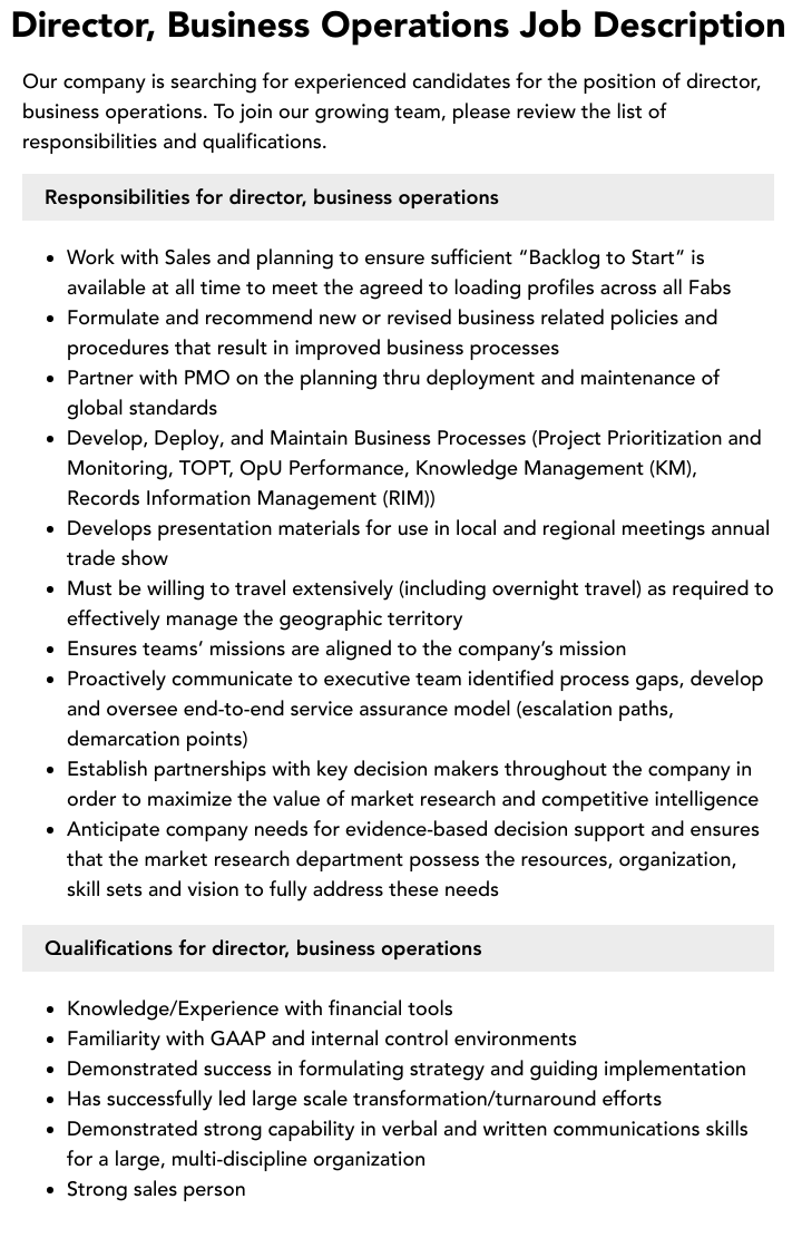 Director Business Operations Job Description Velvet Jobs