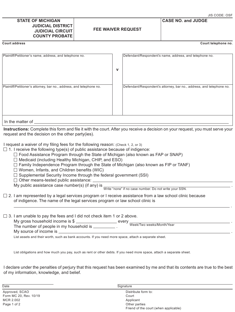 Fillable Filing Fee Waiver Request Printable Pdf Download