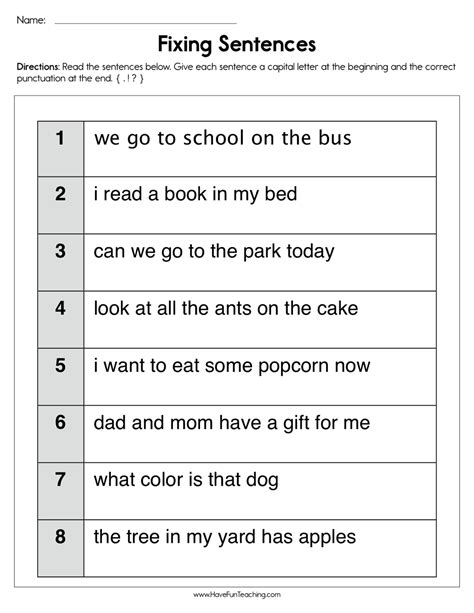 Fix Sentences Worksheets