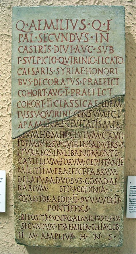 Funerary Inscription Of Quintus Aemilius Secundus Rome Museum Of