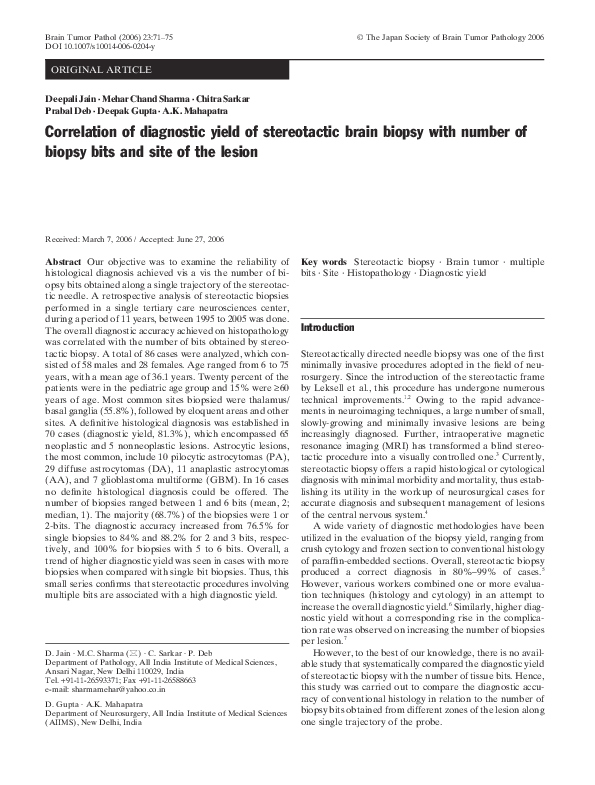 Pdf Correlation Of Diagnostic Yield Of Stereotactic Brain Biopsy With