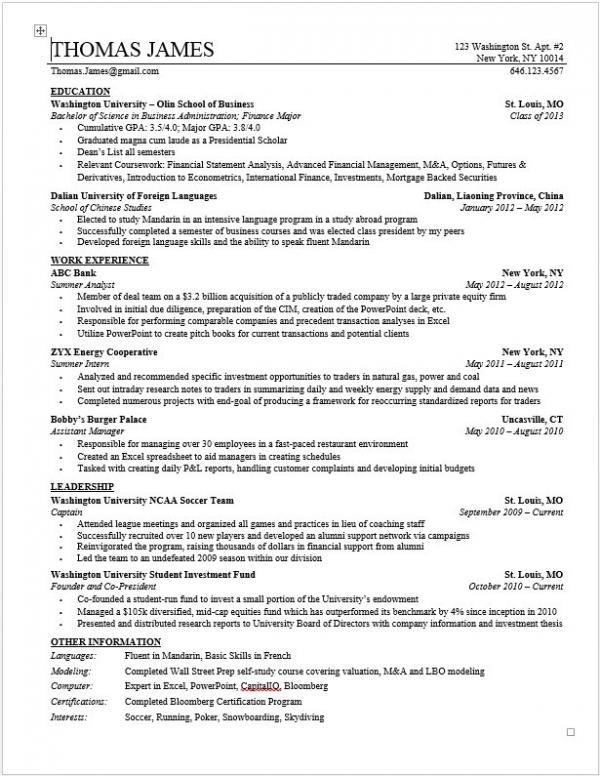 Wso Private Equity Resume Template For Professionals Wi