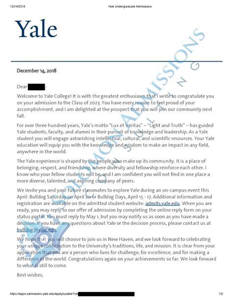 Yale Acceptance Letter